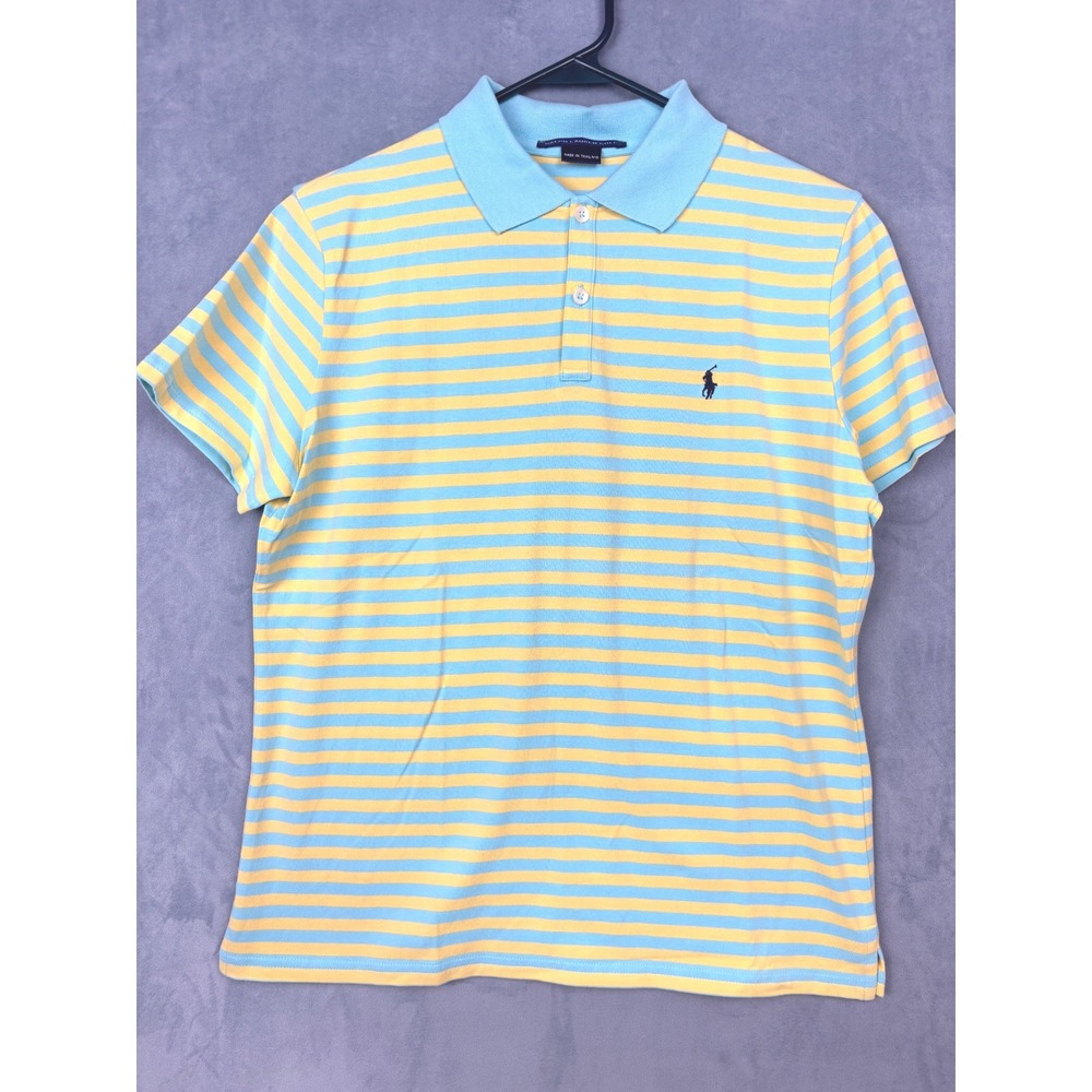 Ralph Lauren Golf Polo Shirt Boys Medium Yellow Blue Striped Short Sleeve M